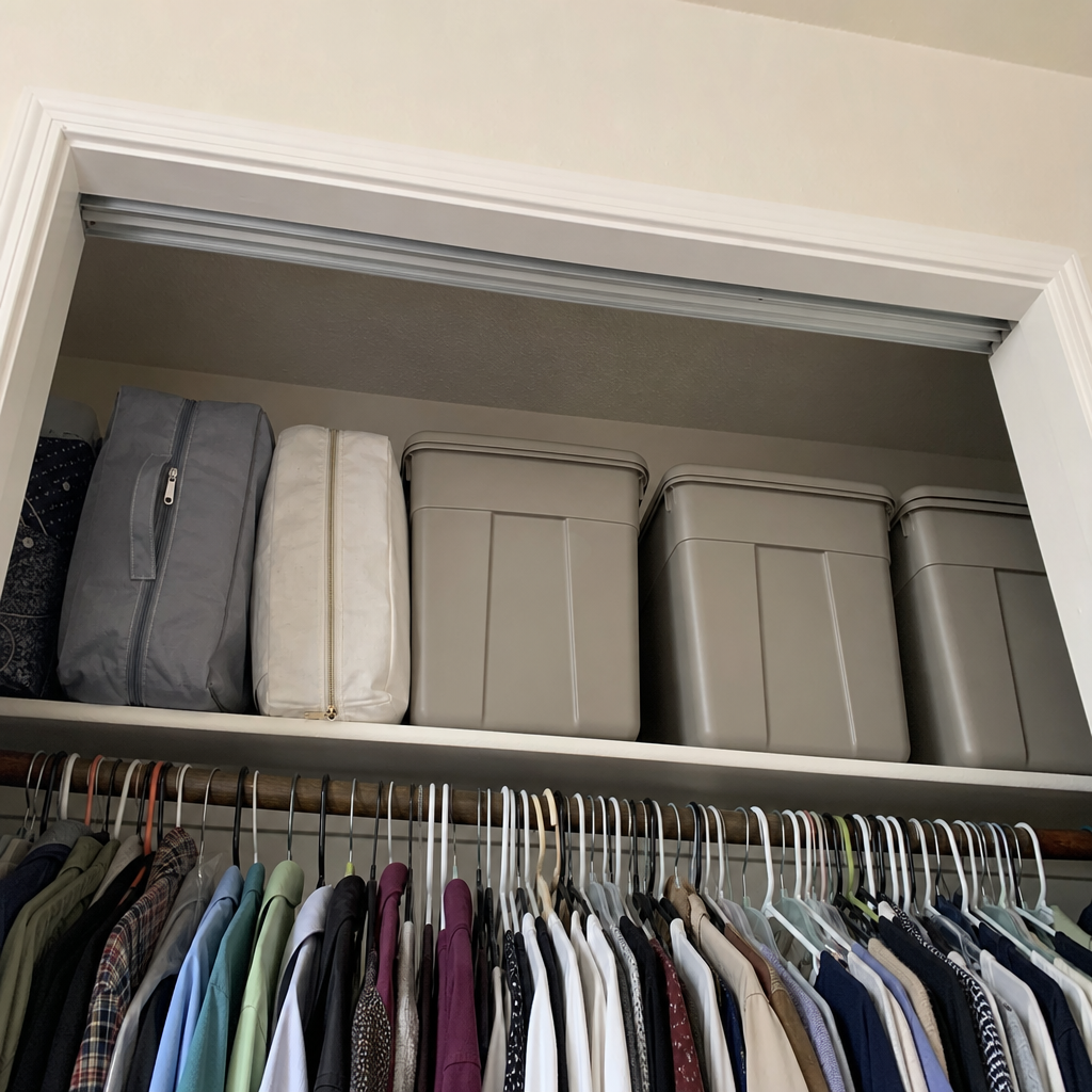 Seasonal clothing is stored in bins and zippered bags on a high closet shelf.