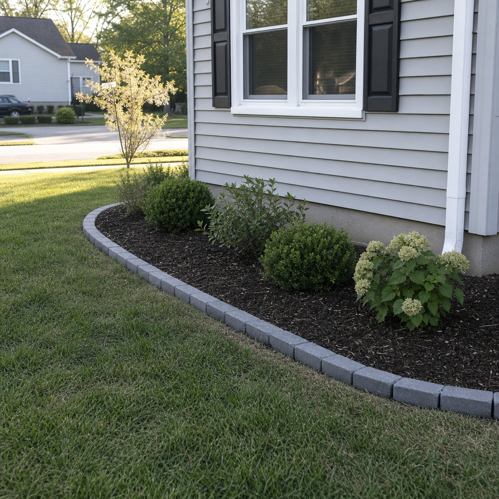 Curved flower bed with simple paver edging beside a modest home.