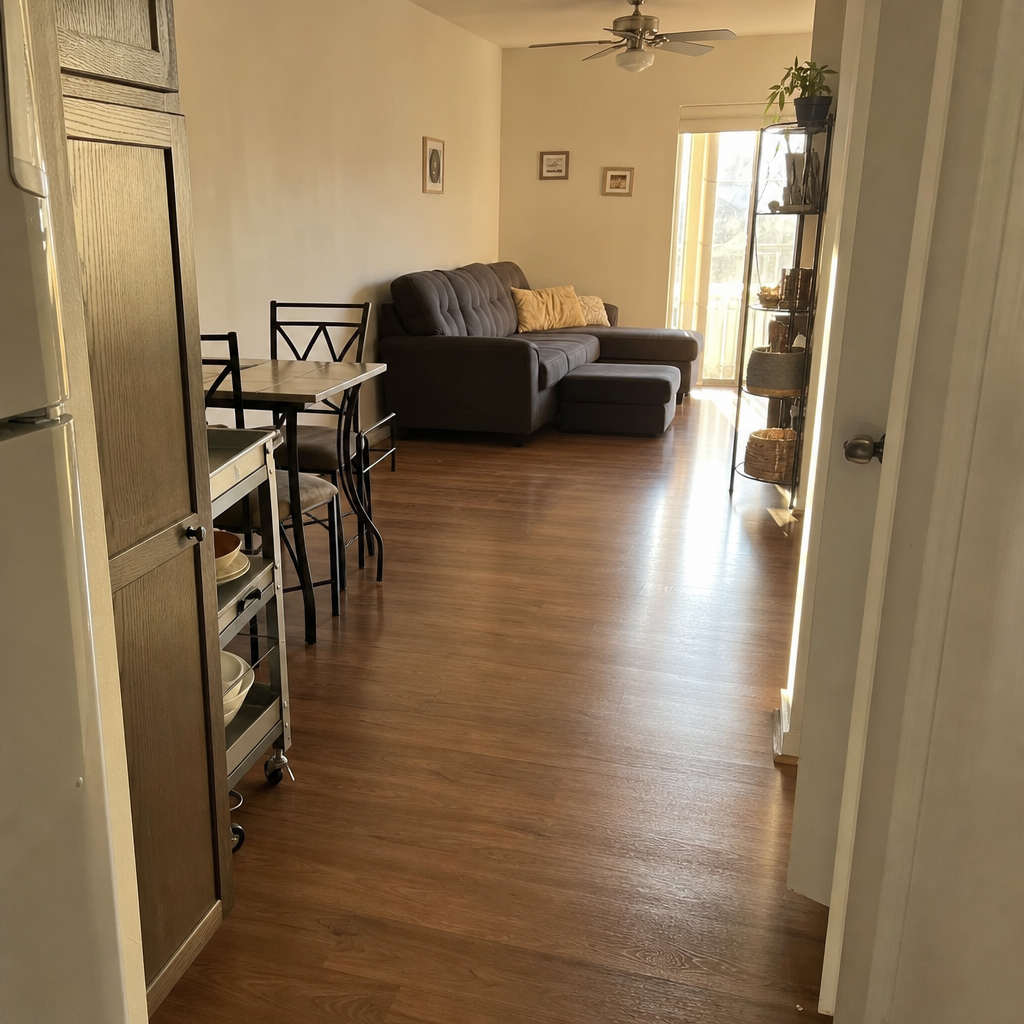 Small dining table near a kitchen edge with a rolling cart for meal supplies.