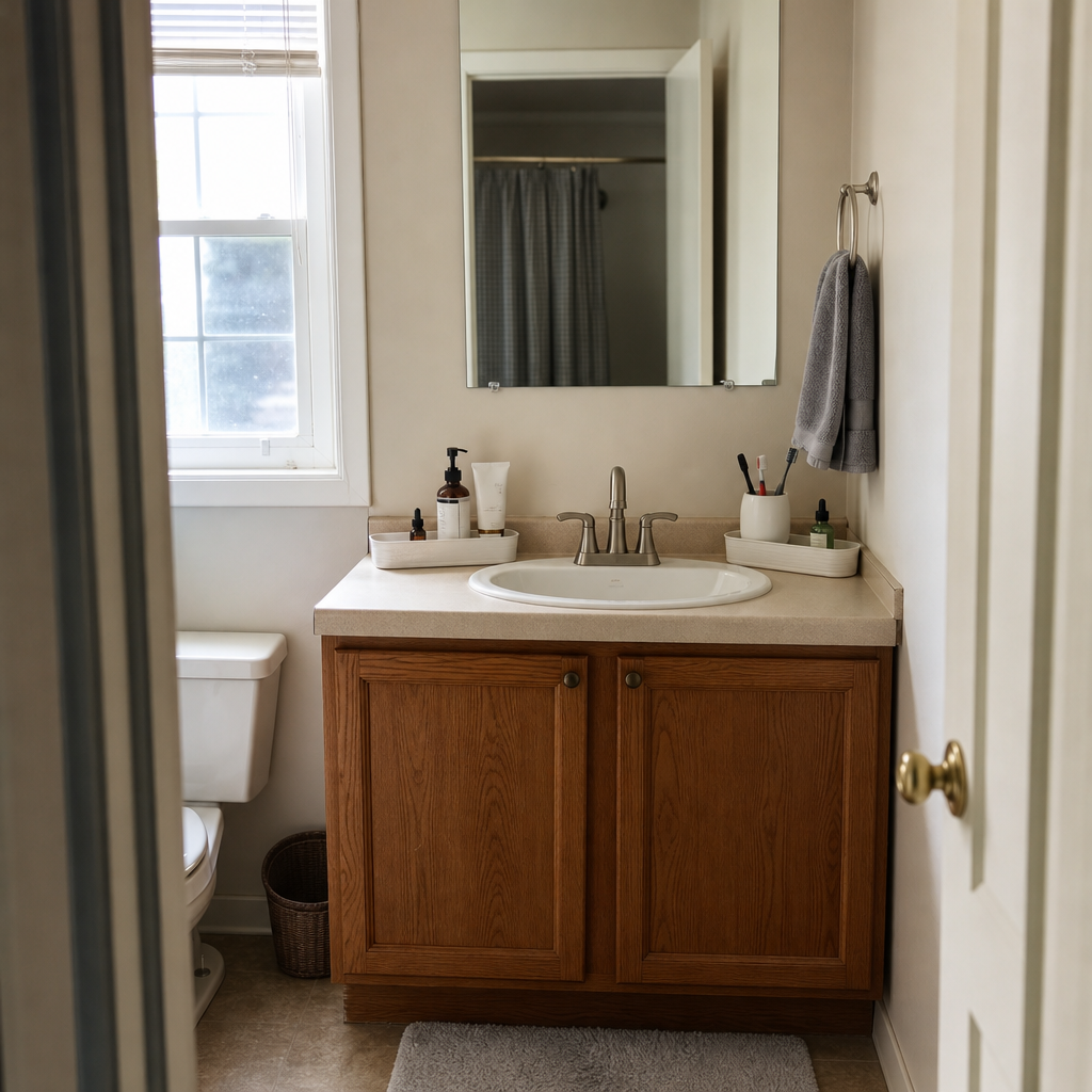 Two narrow trays divide daily toiletries on either side of a single bathroom sink.