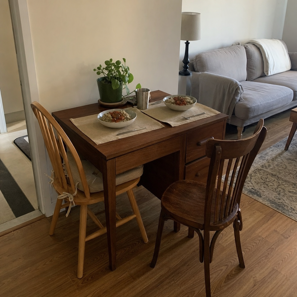 A small desk reused as a two-person dining table beside a living room.