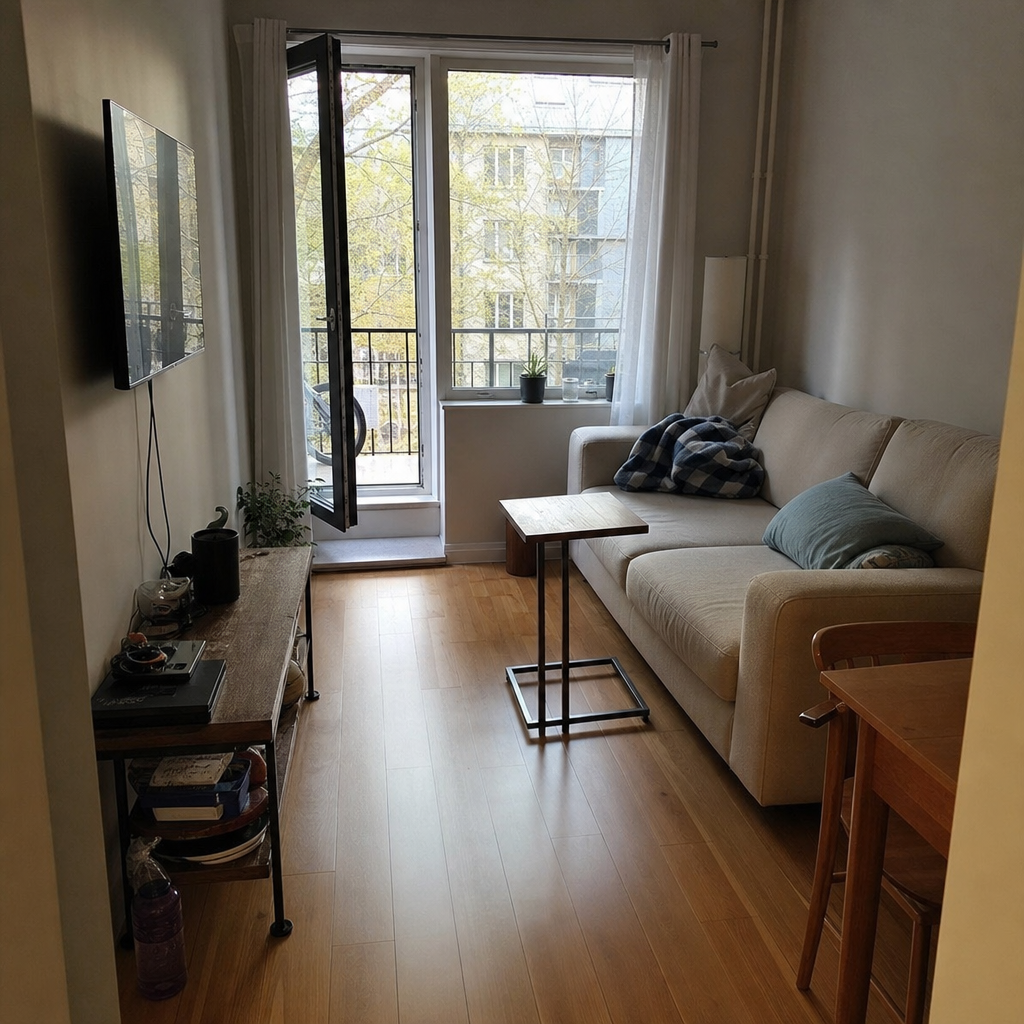 Small living room with a chaise and TV on the same wall, leaving the center clear.
