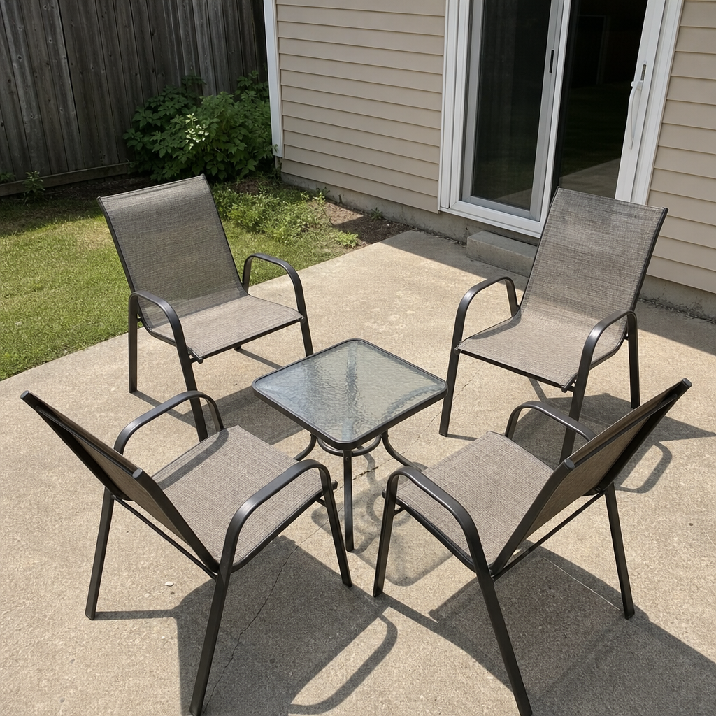 Stackable outdoor chairs grouped around a square side table on a concrete patio.