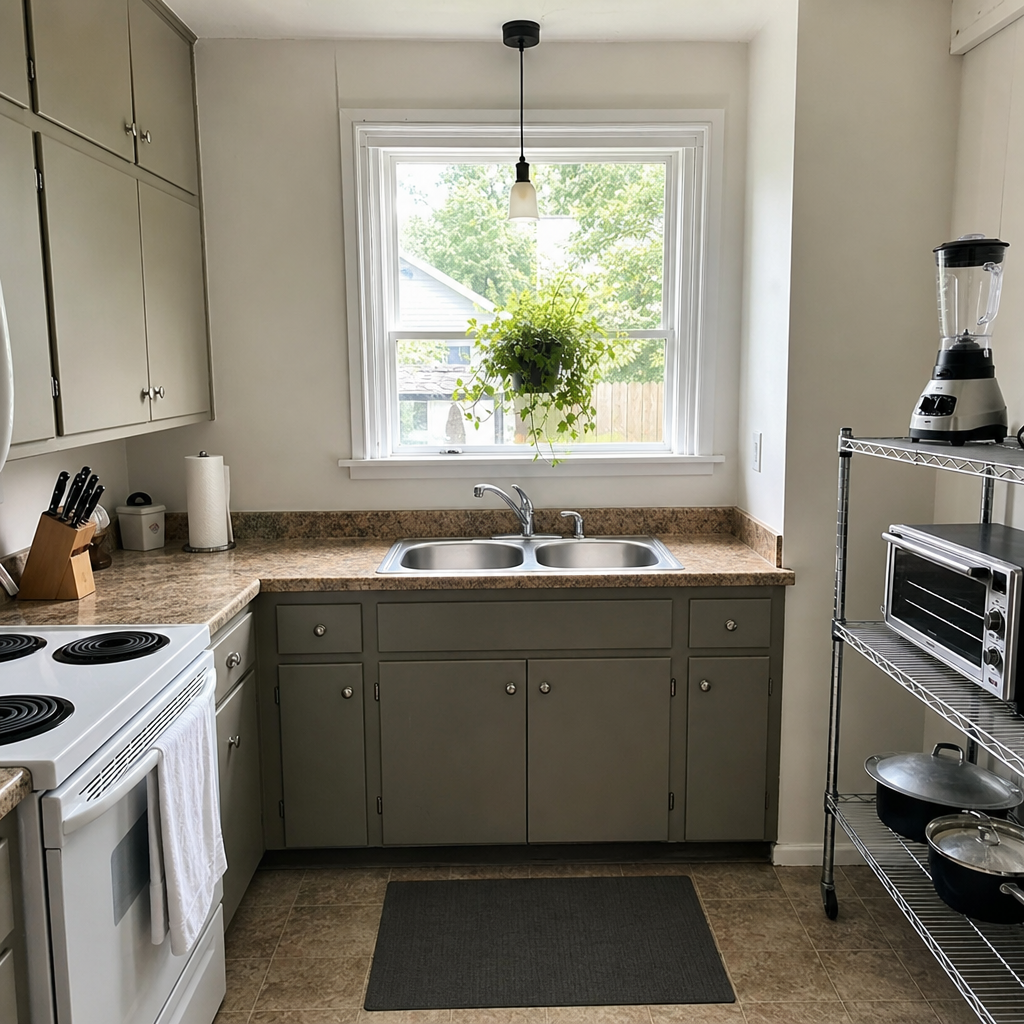 Small appliances stored on a nearby shelf leave the kitchen counter clear.