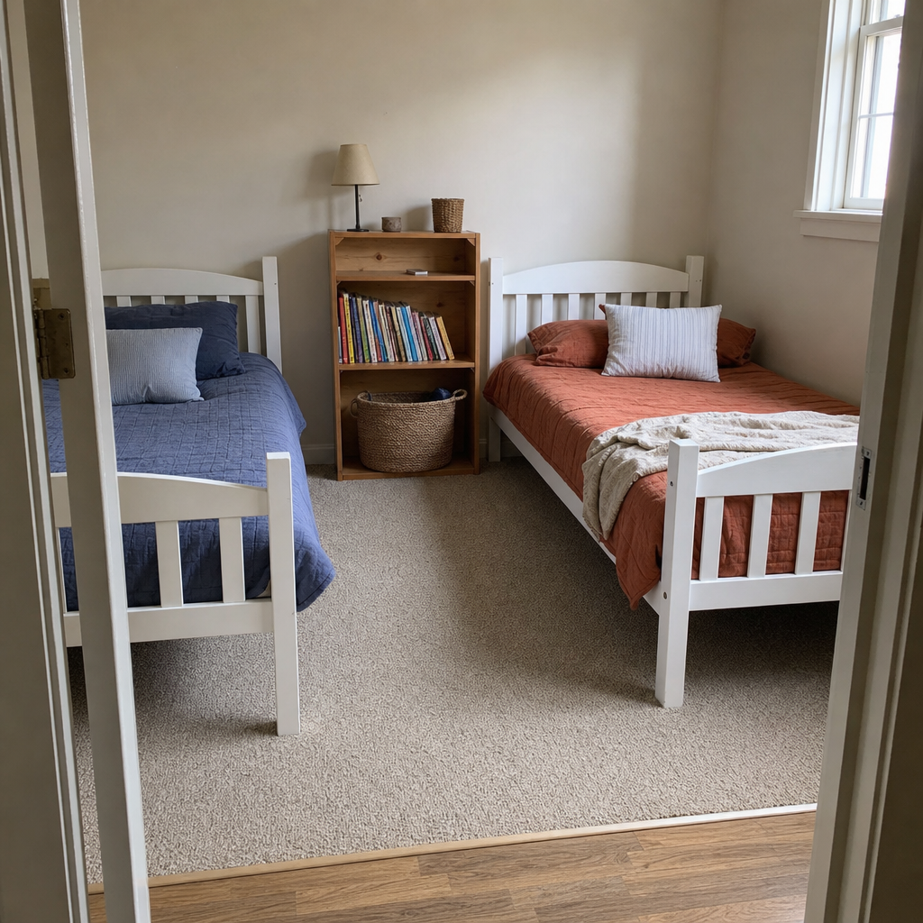 Two twin beds placed side by side along one wall with a low pine bookcase between them in a small shared bedroom.