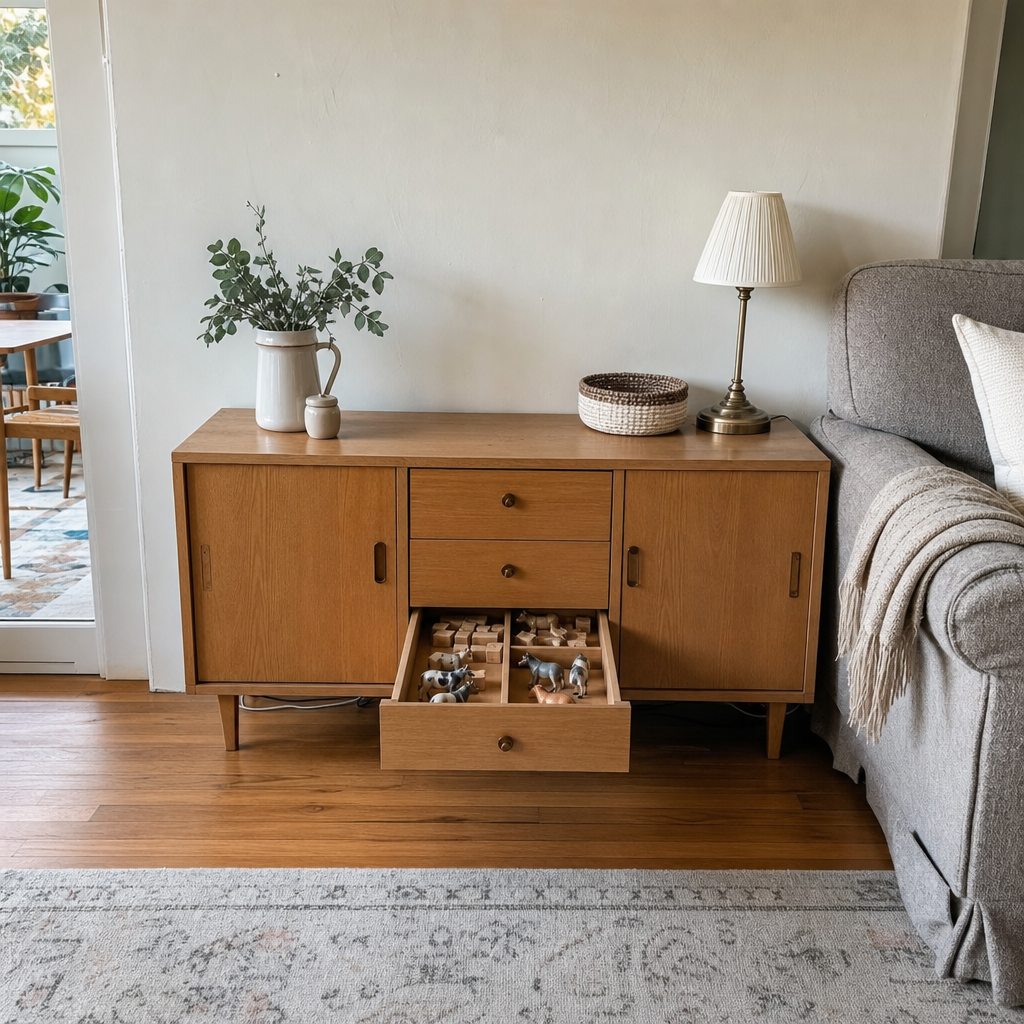 A low living room credenza with an open drawer holding a small group of children's toys.