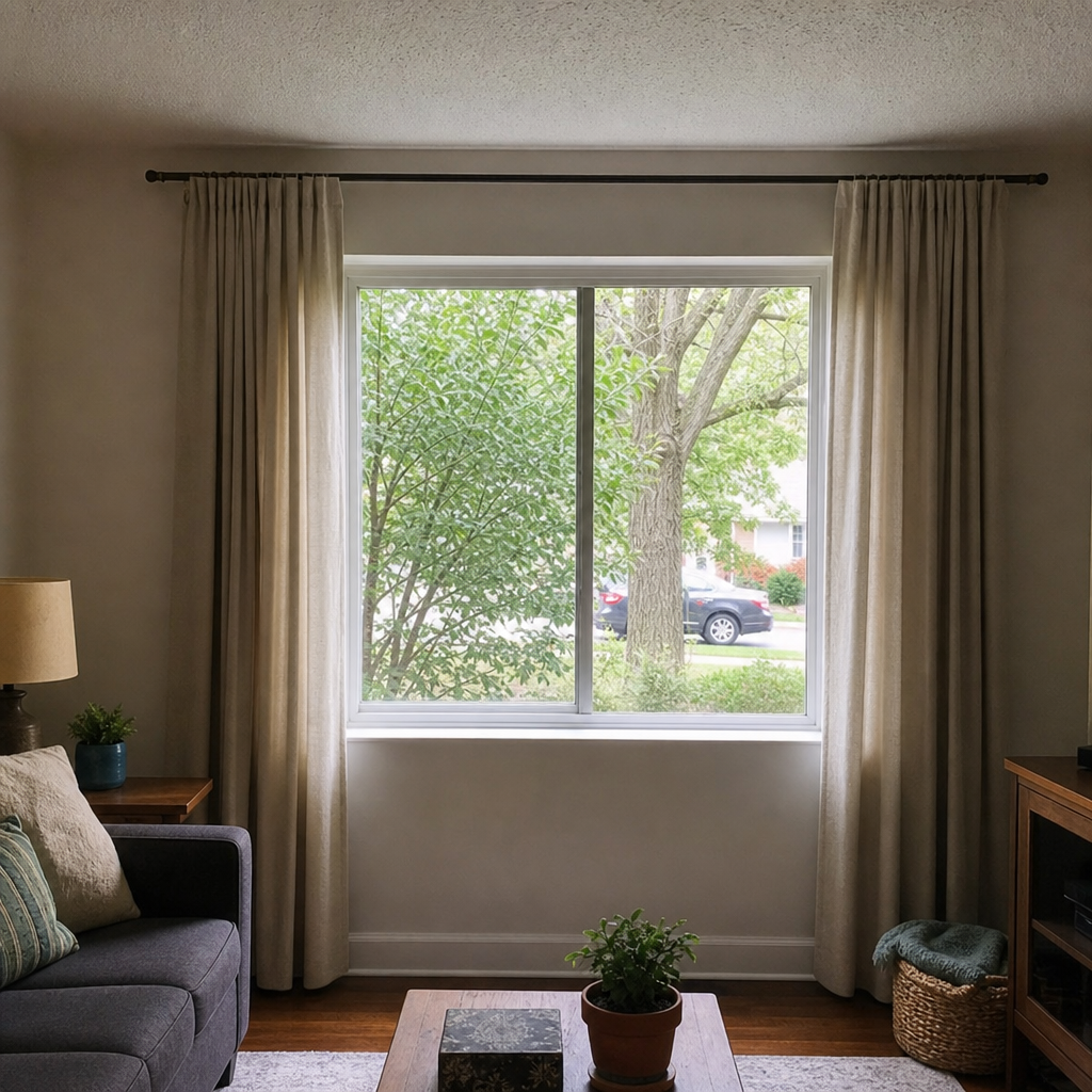 Full-length neutral curtains hung above and wider than a small living-room window.