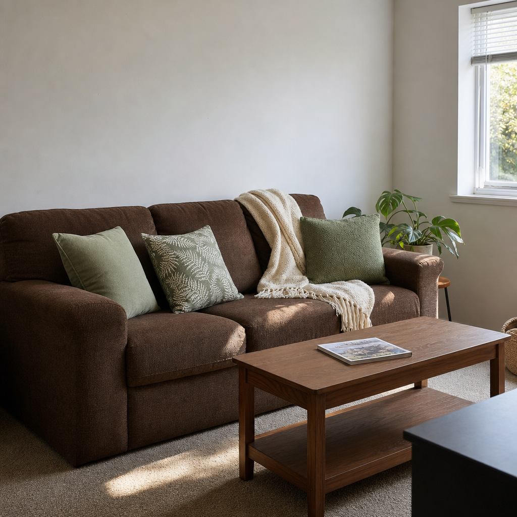 Brown sofa with sage green pillows in a small living room.