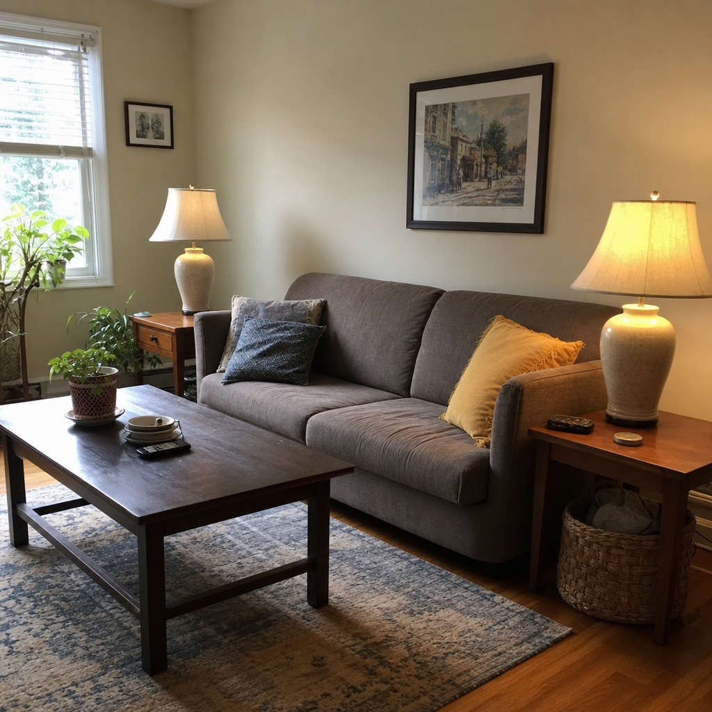 Two similar thrifted table lamps with matching shades flank a living room sofa.