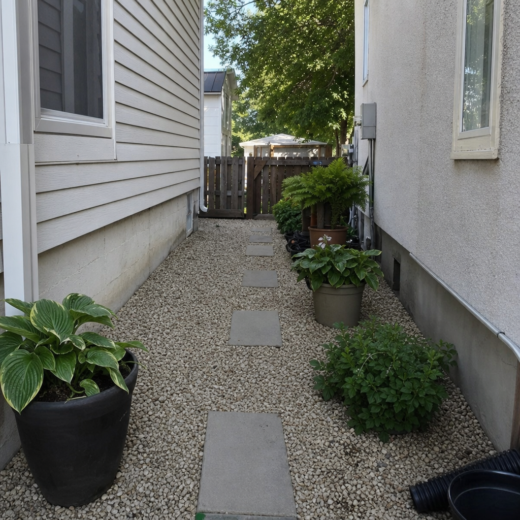 Gravel and stepping stones improving a narrow side yard.