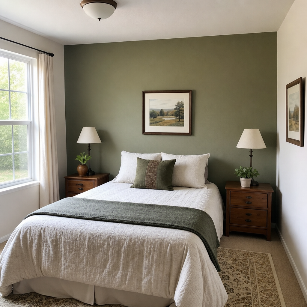 Simple bed placed against a muted olive painted accent wall.