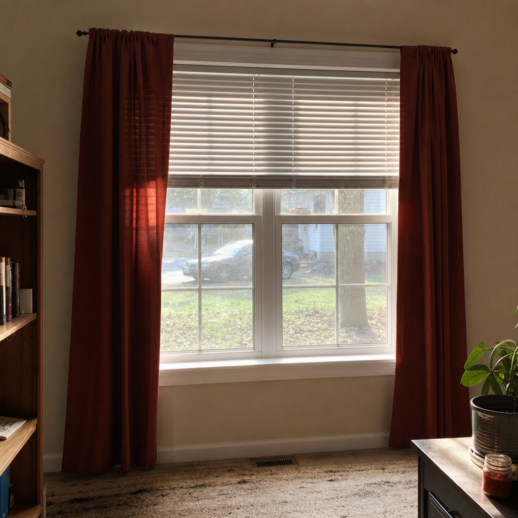 White blinds softened by stationary rust-colored curtain panels.