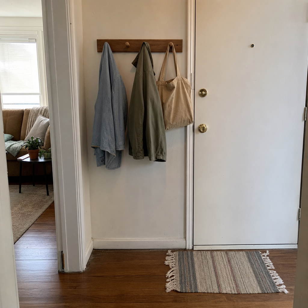 A short peg rail beside a front door keeps coats and bags within the entry area.