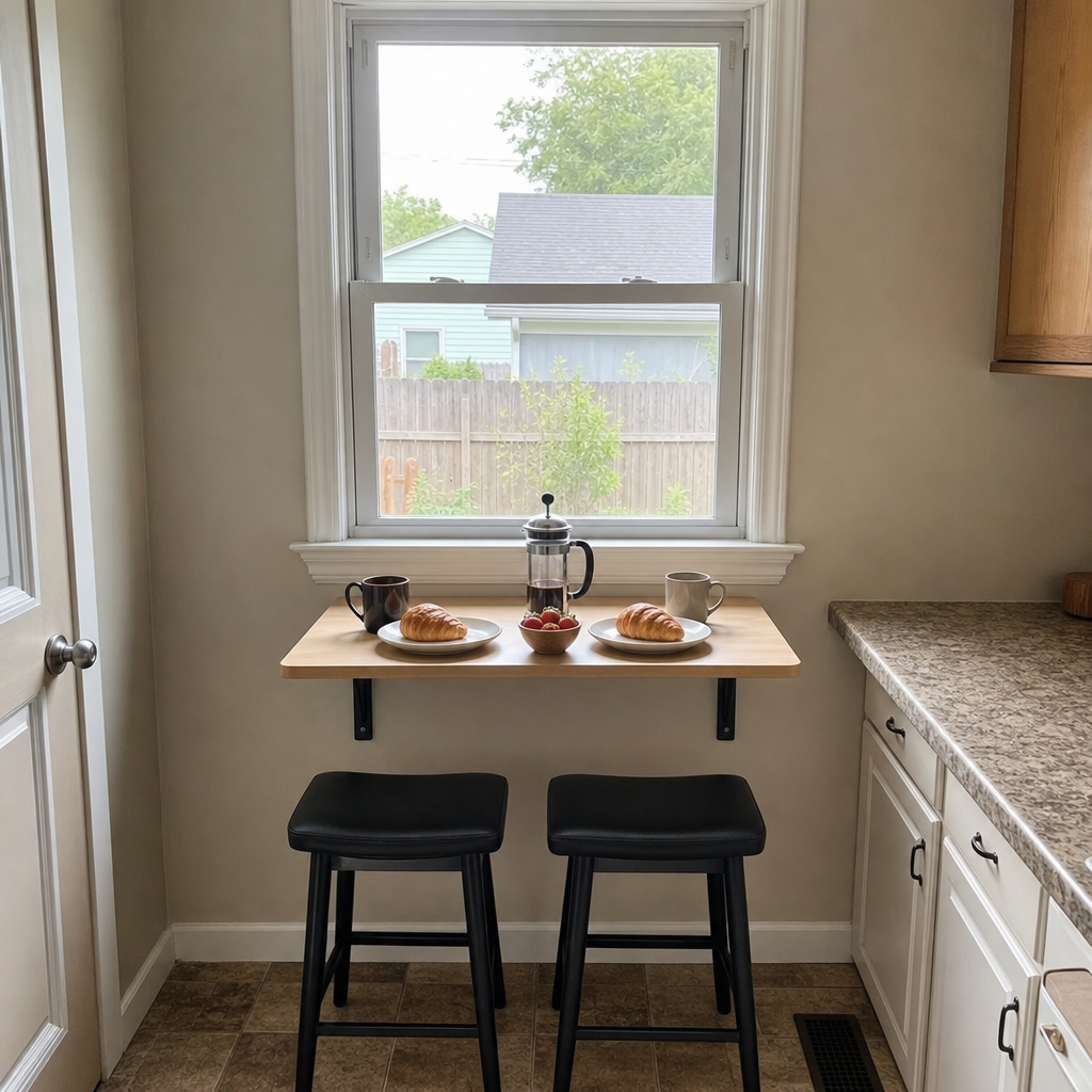 Fold-down wall table with two stools beneath a kitchen window.