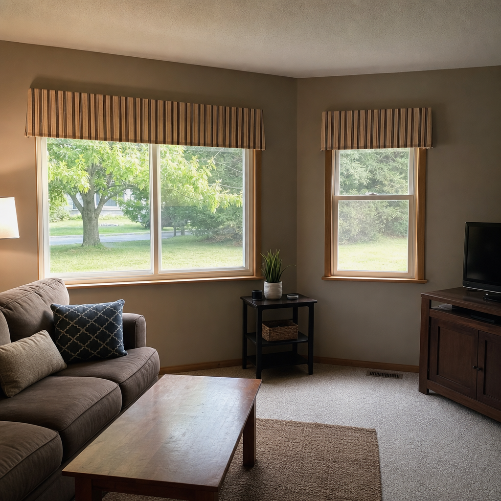 Matching striped valances visually connect two differently sized living-room windows.