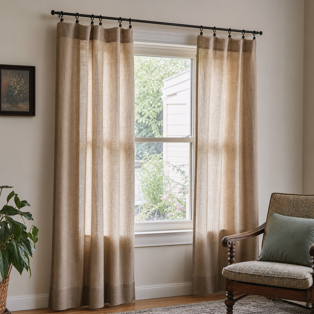 Plain curtain panels hung from clip rings on a simple rod.