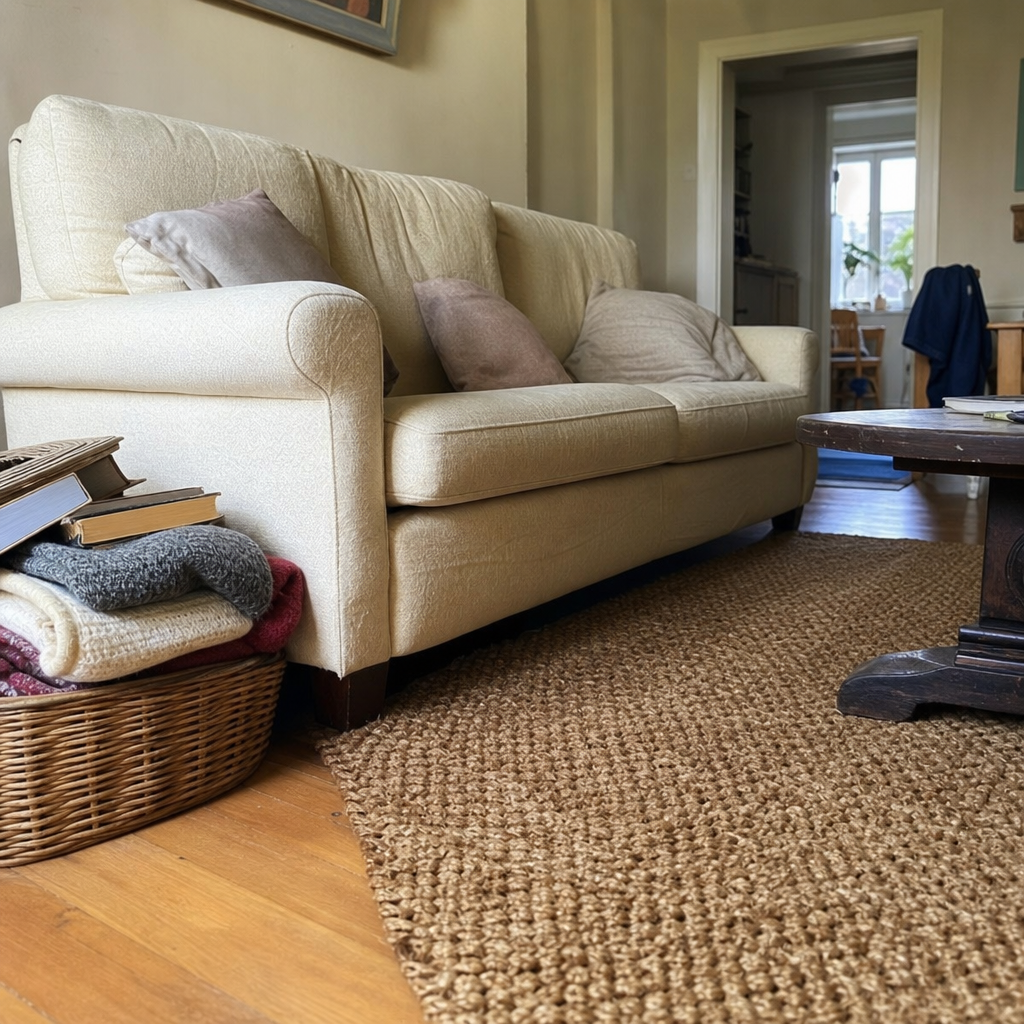 A woven basket with throws and books sits beside a cream sofa.