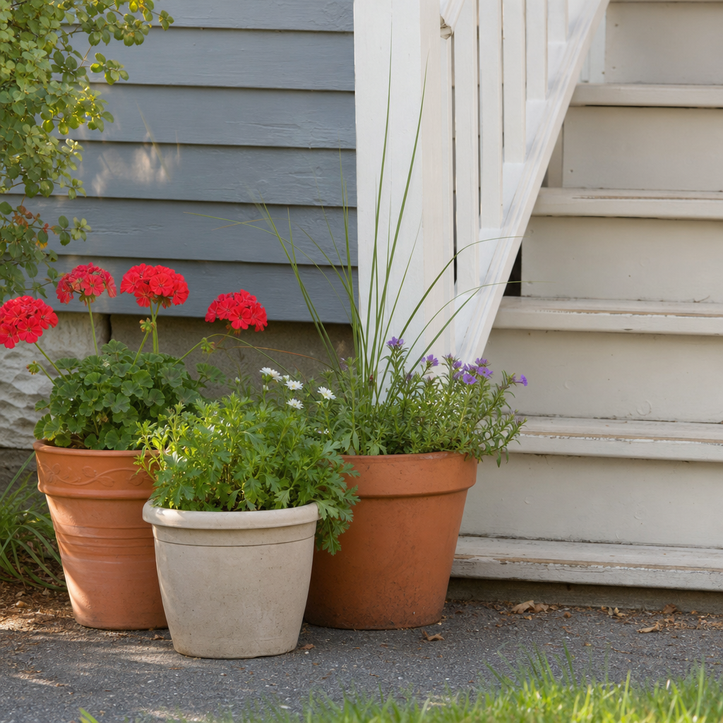 Grouped plant containers beside modest porch steps.