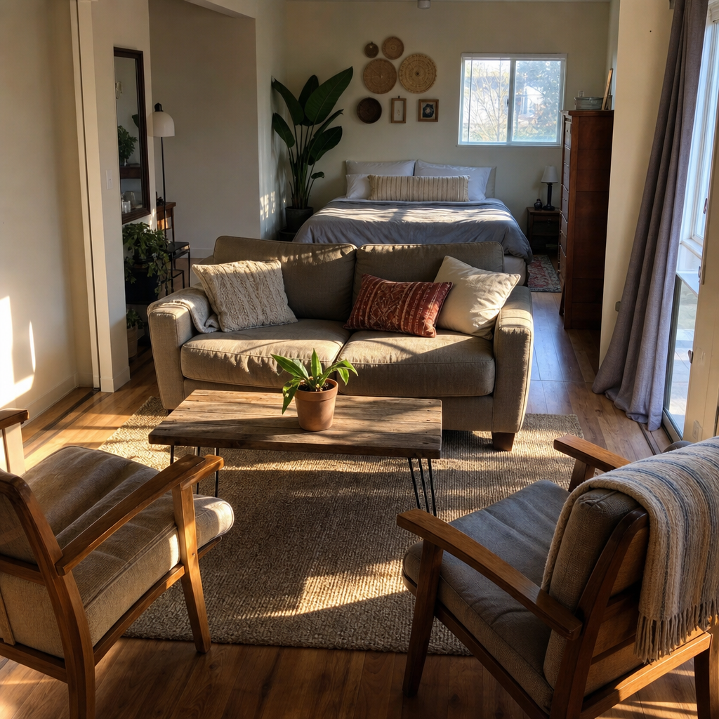 Two angled chairs creating a separate conversation area in a studio apartment.
