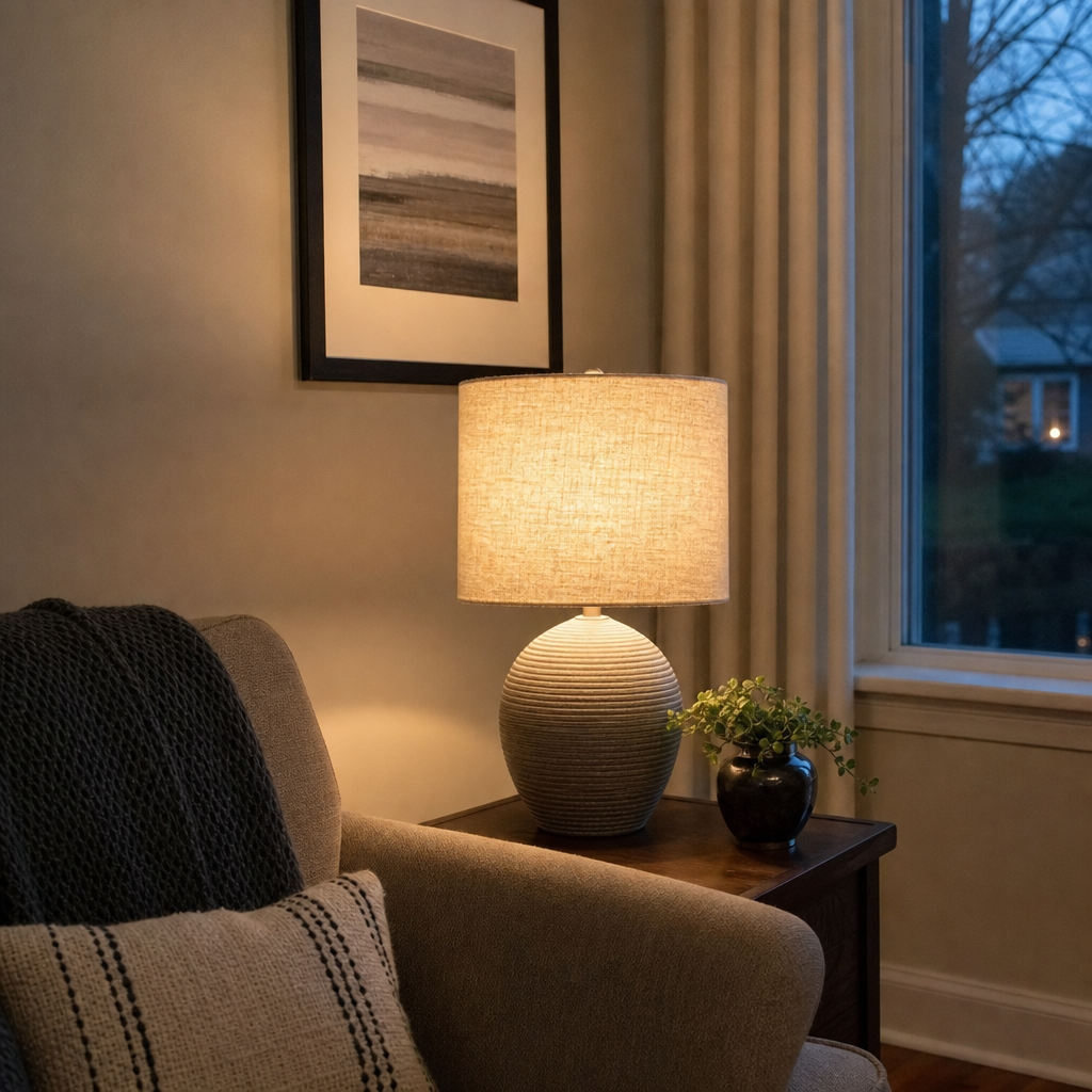 A cream linen-look lampshade warms a taupe living room corner.