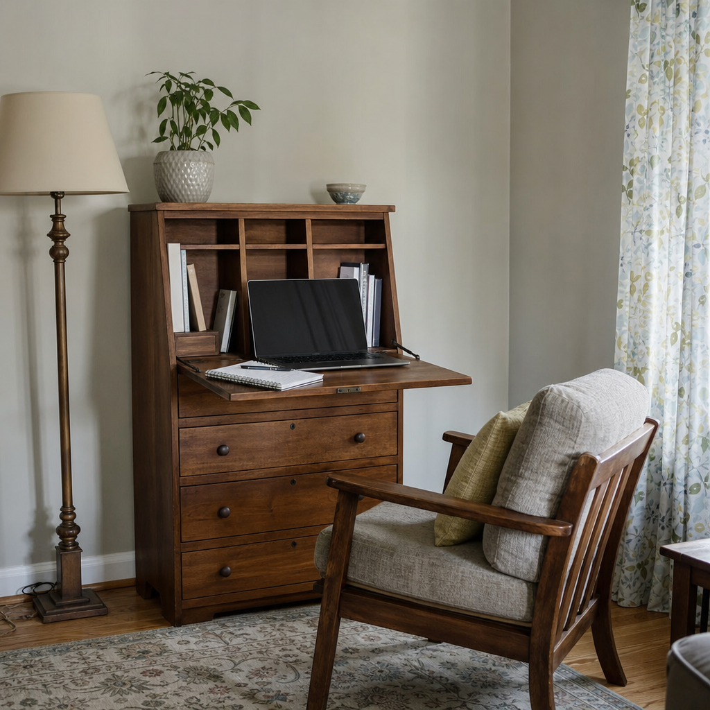 An open secretary desk holding a laptop in a shared living room.