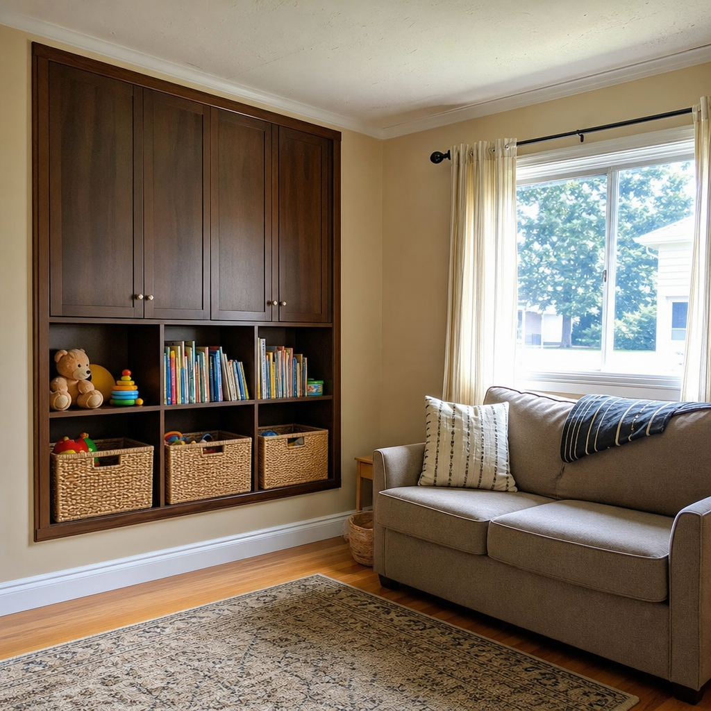 An anchored living room bookcase with open toy baskets below and closed storage above.