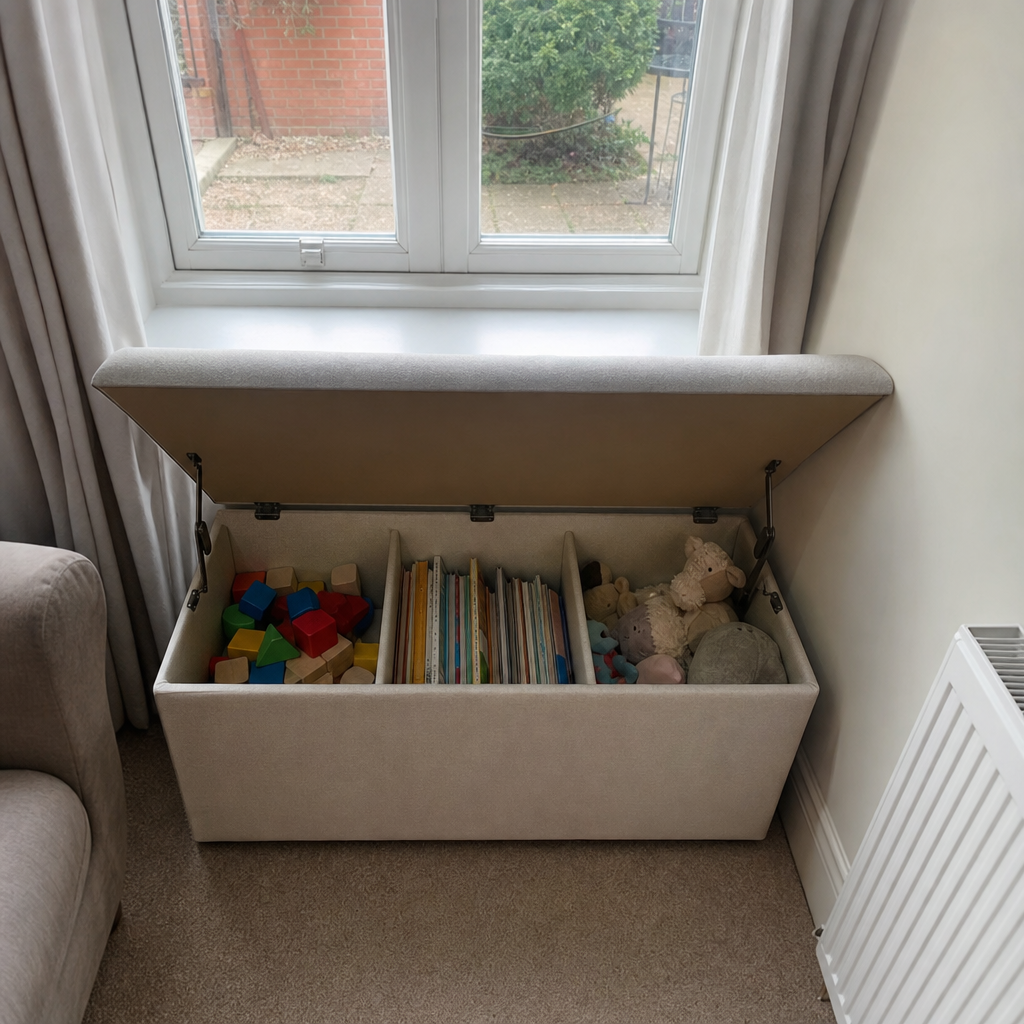 A divided storage bench holding children's toys beneath a living room window.