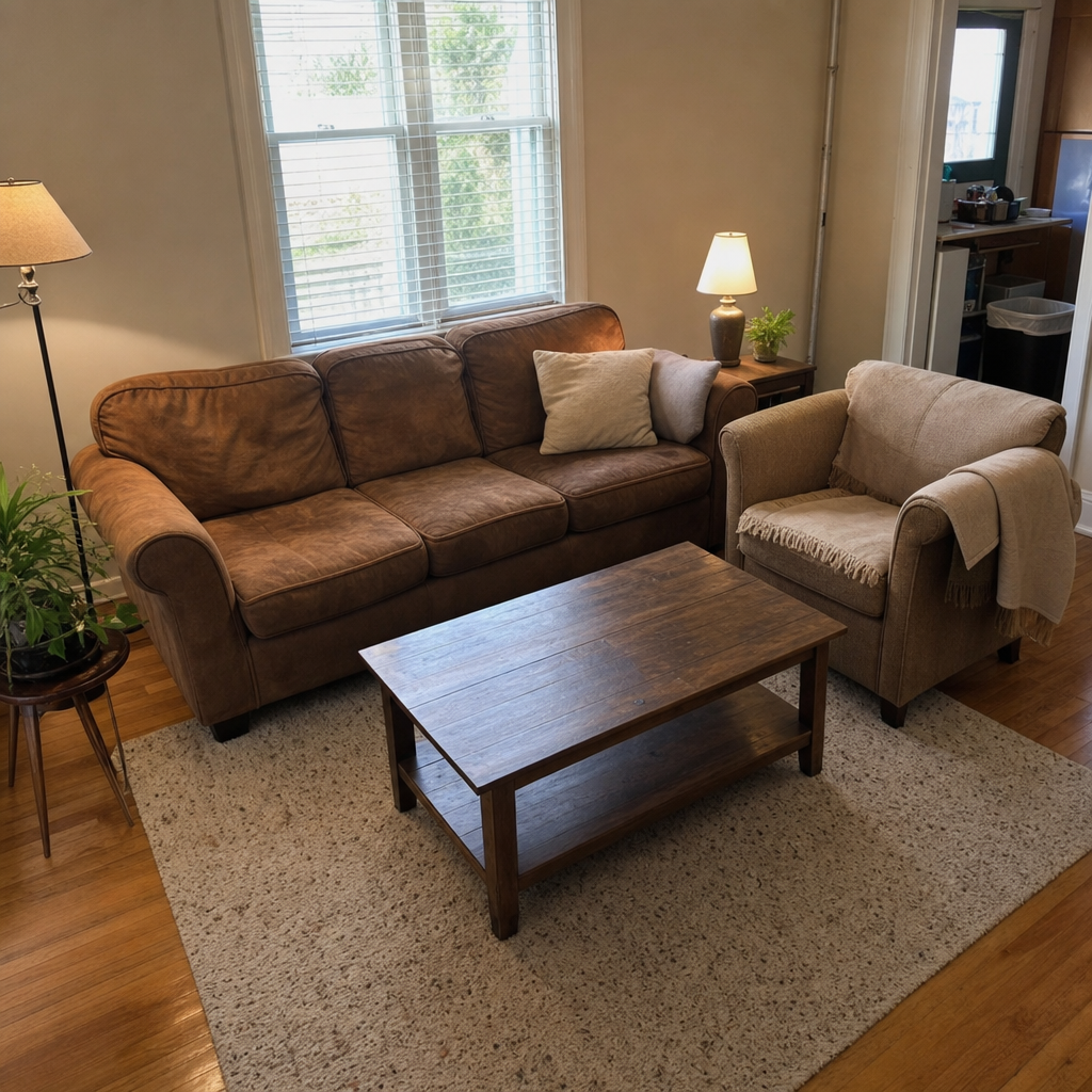 A flecked cream and taupe rug ties together simple living room seating.