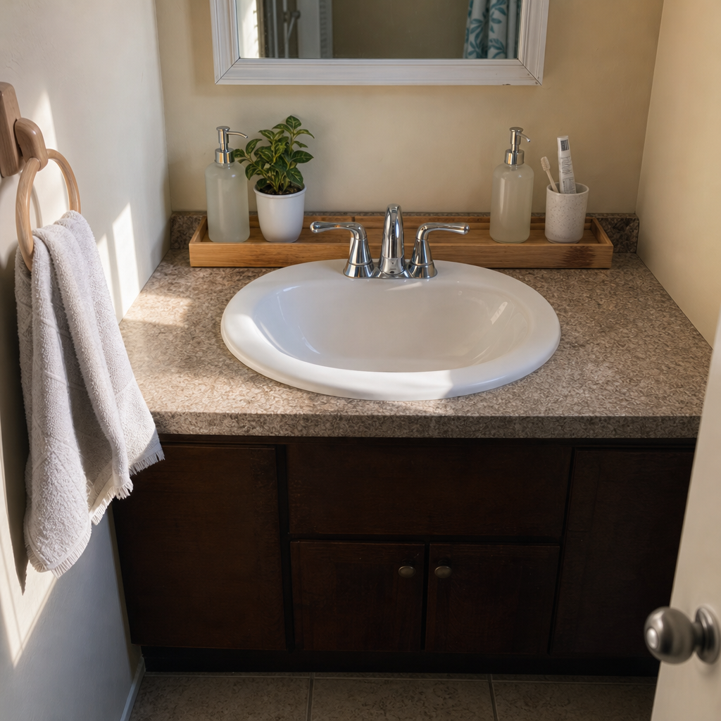 A bamboo tray behind a single faucet groups shared hand soap and lotion without crowding the sink.