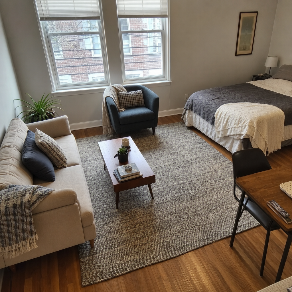 Large area rug visually defining the living area in a studio apartment.