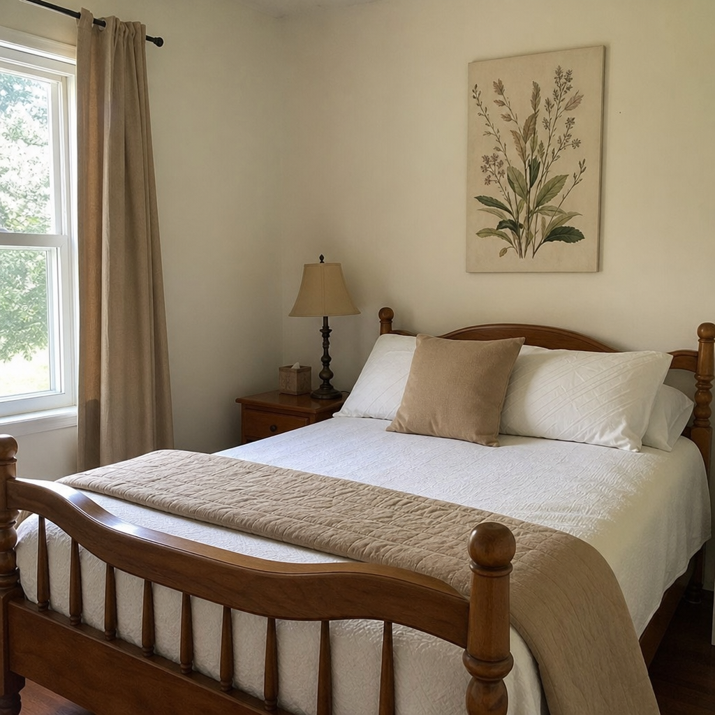 One large muted botanical print centered above a bed.