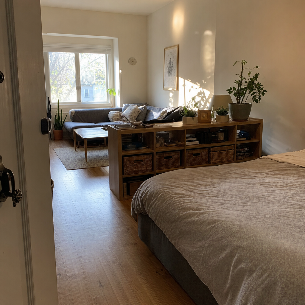 Low storage console at the foot of a bed dividing sleeping and seating areas.