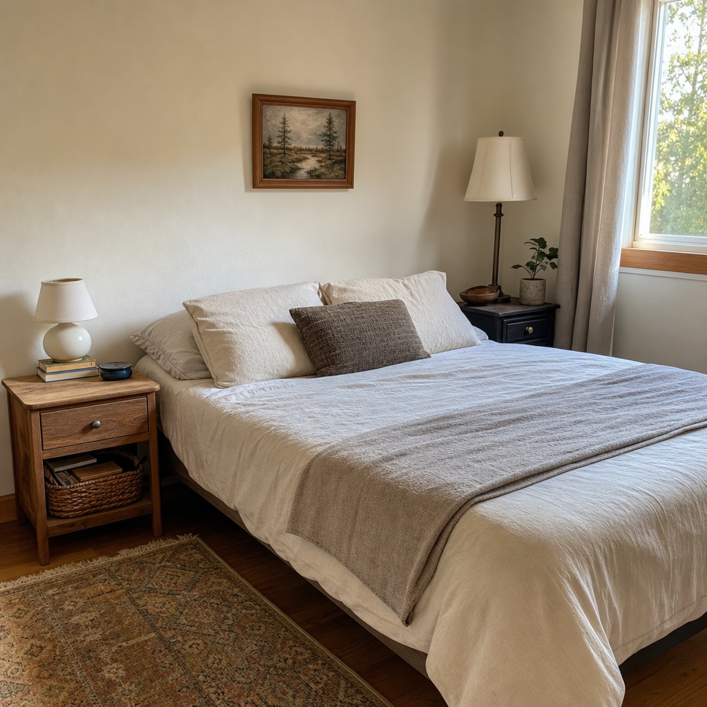 Bedside lamps at different heights on simple nightstands.