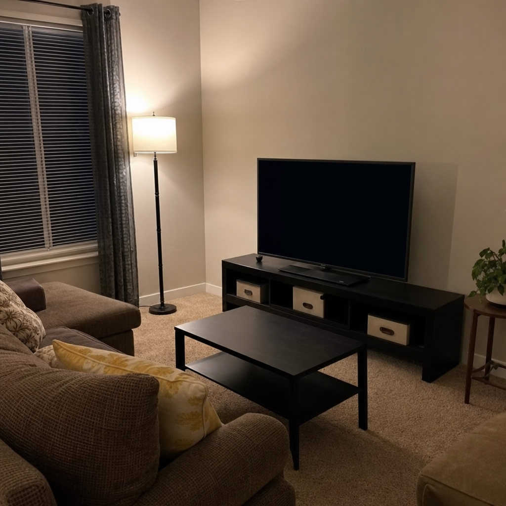A slim floor lamp placed beside a television wall for soft background light.
