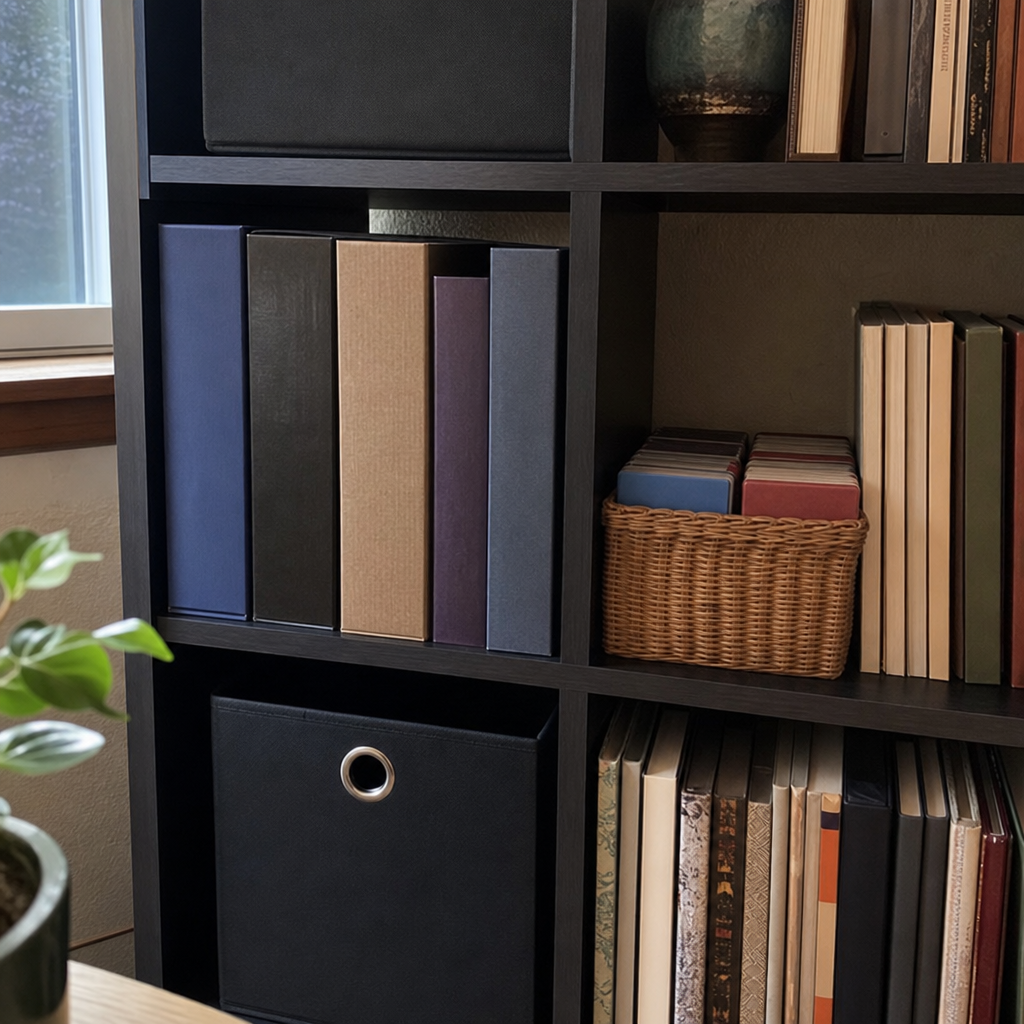 Board games stored upright with shelf dividers in a living room unit.