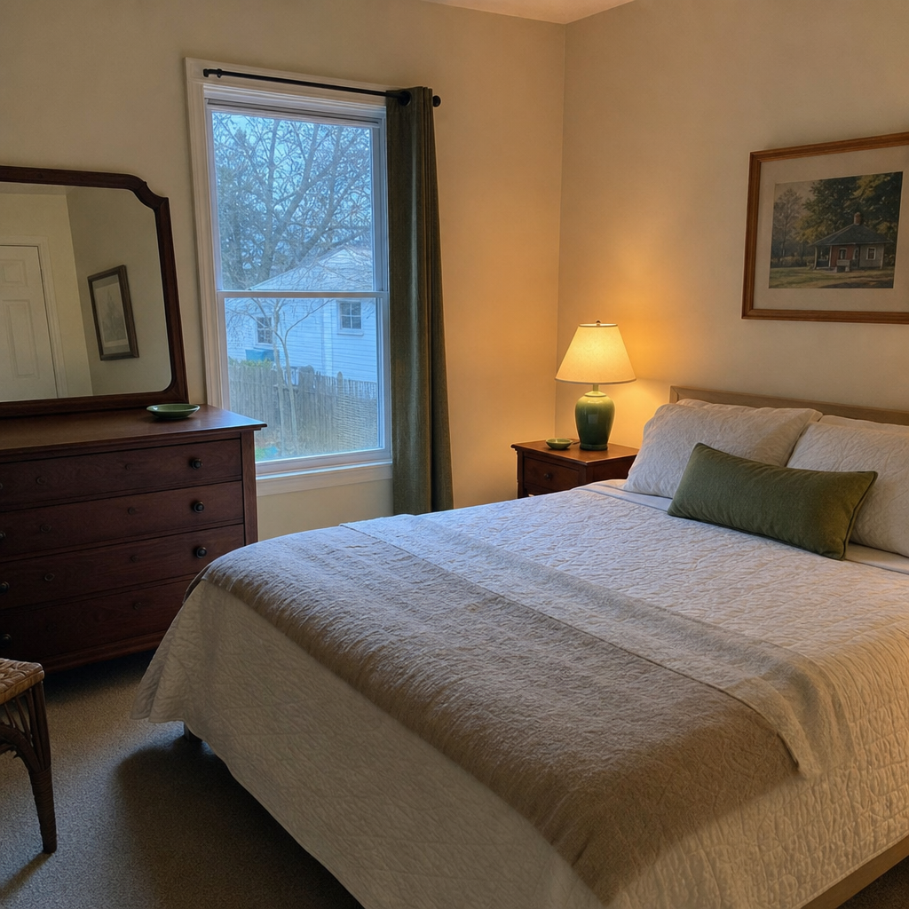 Muted green accents repeated in pillows, lamp, and bedside dish.
