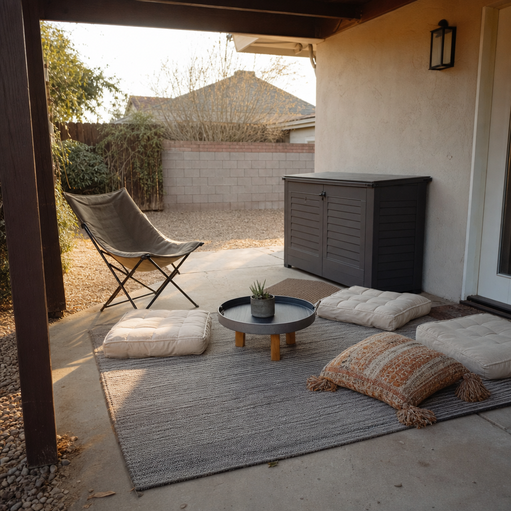 Outdoor floor cushions, a low tray table, and a folding chair on a sheltered patio.