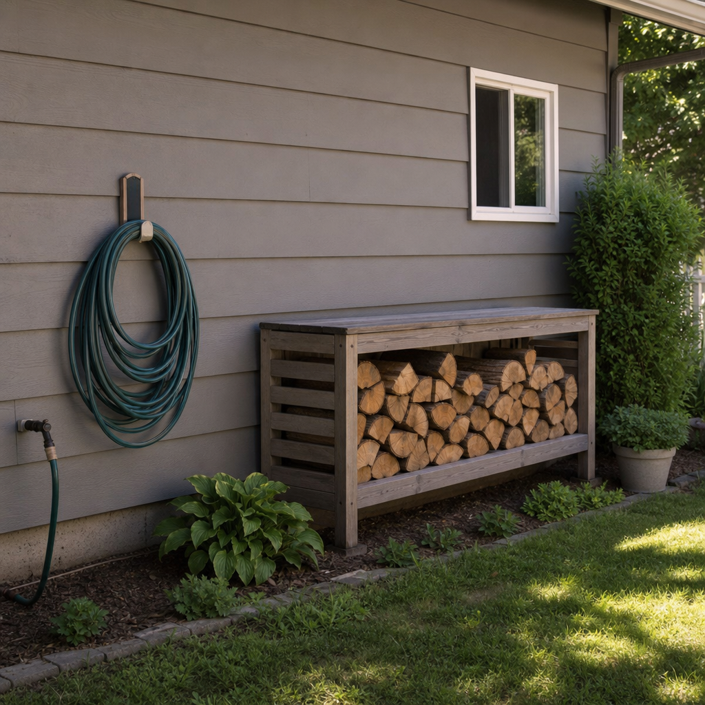 Neatly stored garden hose and small outdoor storage bench.