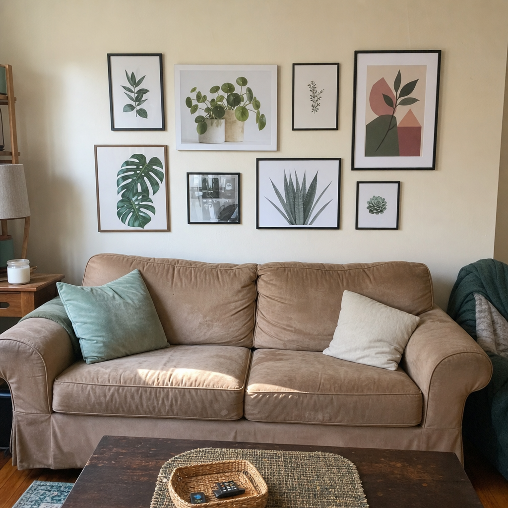 A tan sofa sits beneath a wide group of framed artwork in a rental living room.