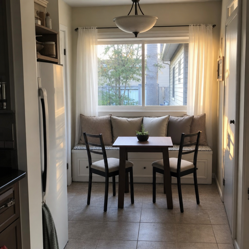 Storage bench and small table forming a dining nook under a kitchen window.