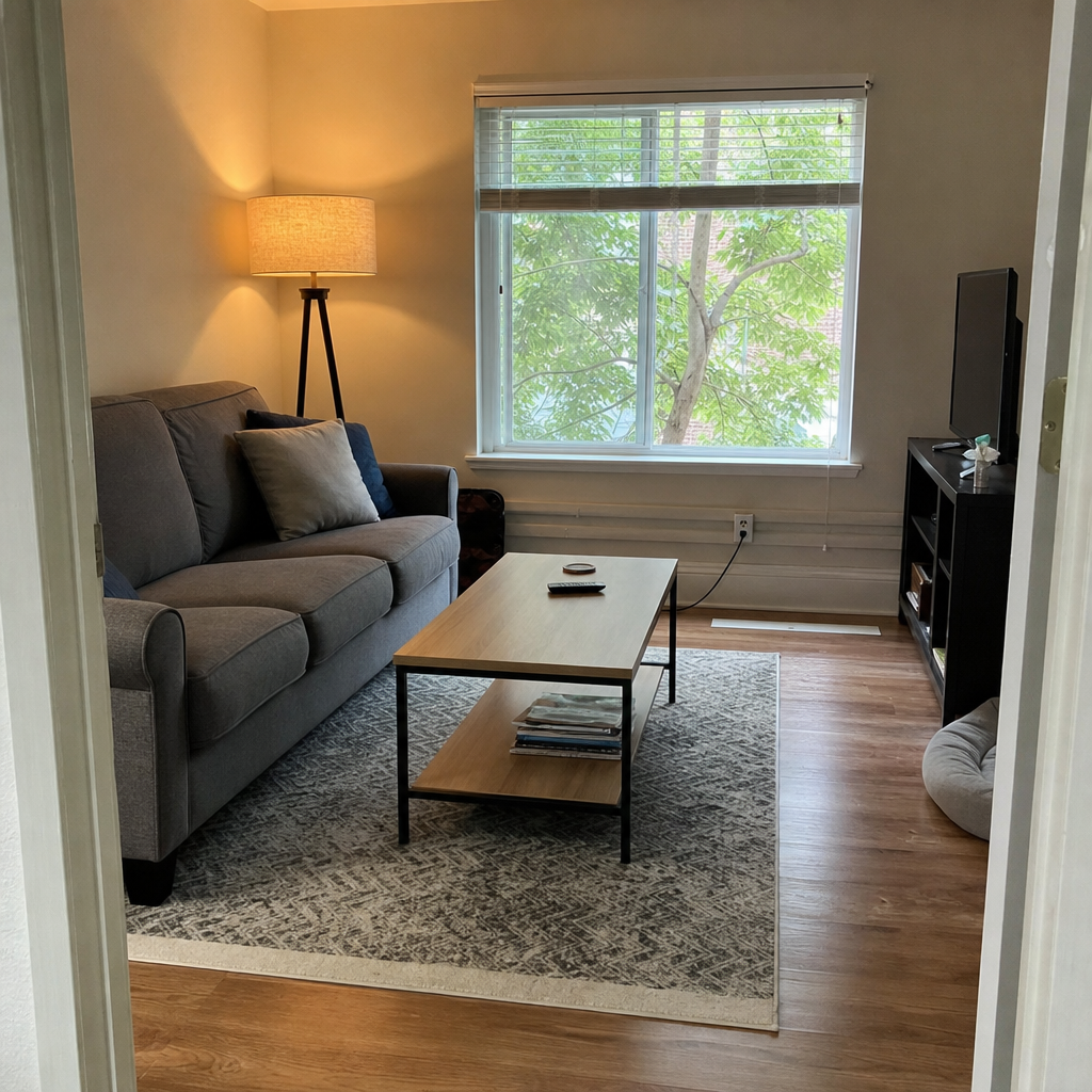 A floor lamp beside a sofa with its cord routed discreetly along the baseboard.