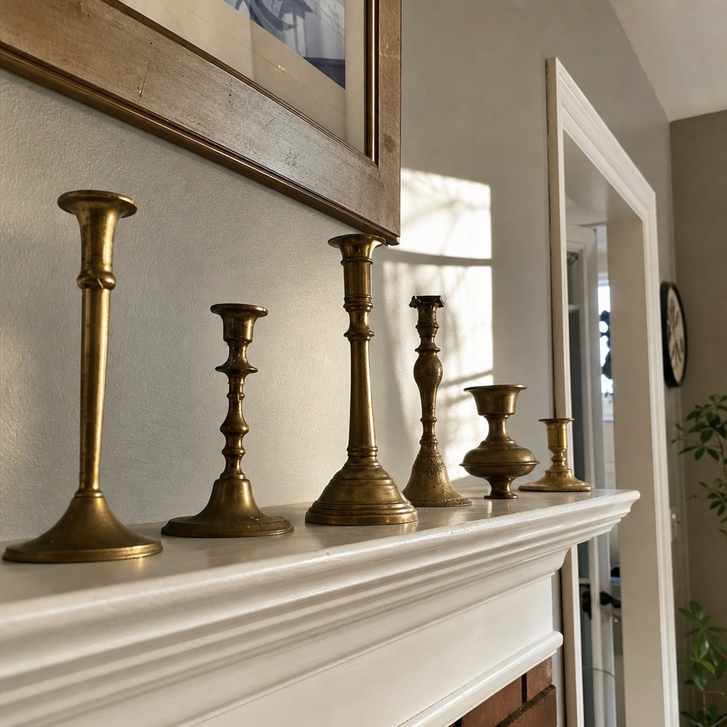 Assorted thrifted brass candlesticks arranged in one row on a mantel.