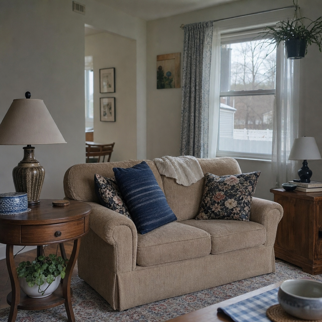 Two different thrifted end tables at similar heights beside living room seating.