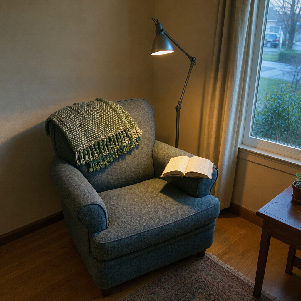 An adjustable floor lamp aimed toward a reading chair in a living room corner.