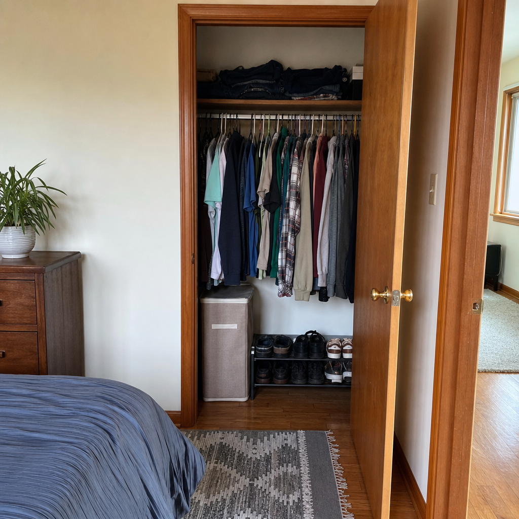 A narrow laundry hamper fits at one end of a reach-in closet.