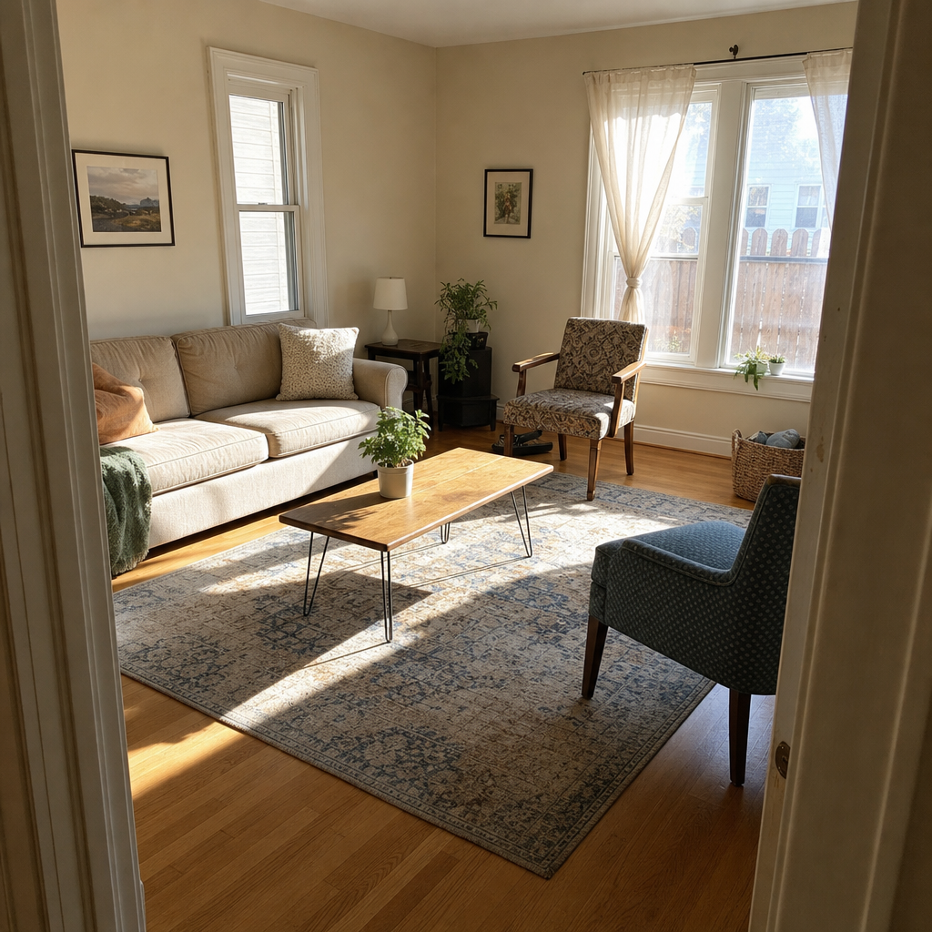Mismatched thrifted chairs and sofa connected by one large living room rug.