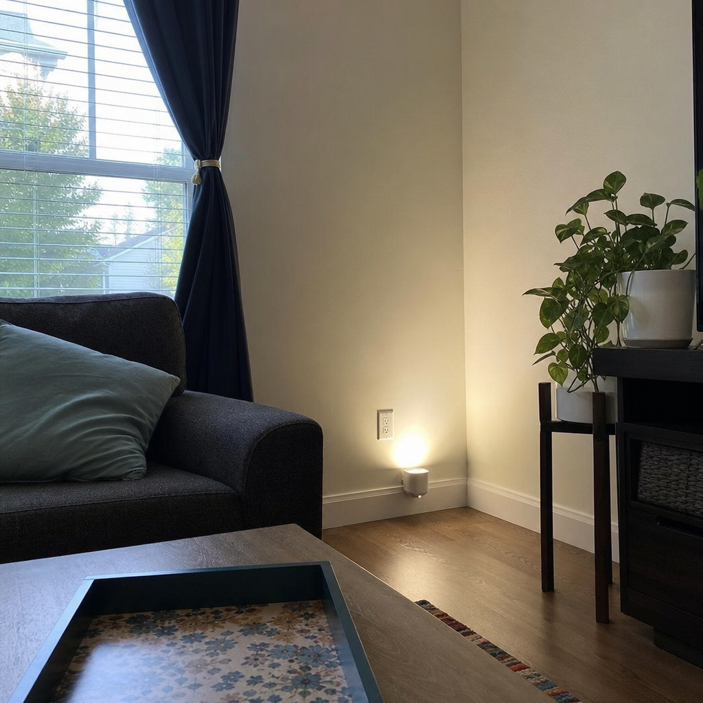 A small uplight brightening a blank living room corner.