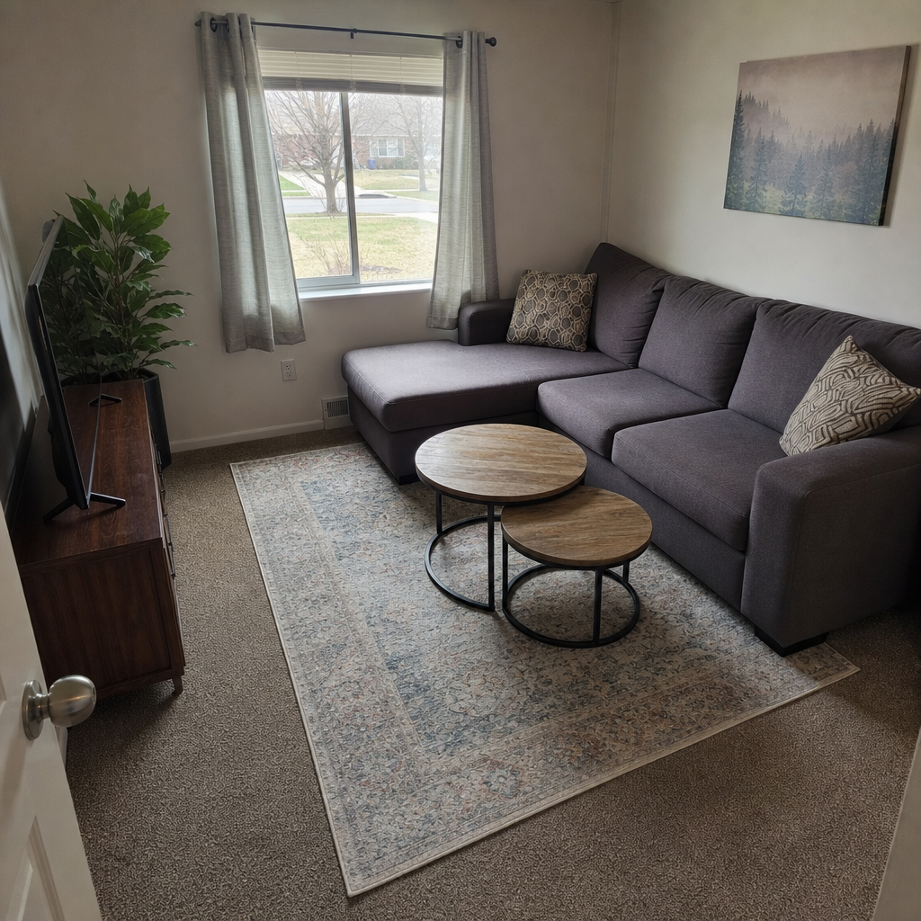 Compact sectional beside a window in a square living room with a clear path near the door.