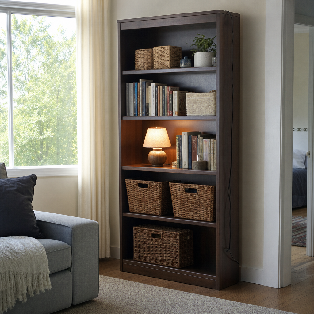 A small lamp placed on the shelf of a bookcase in a living room.