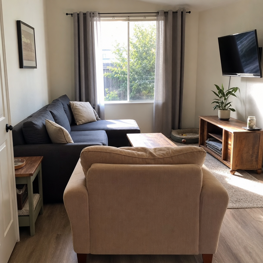 TV placed beside a window with angled seating in a small living room.